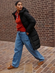 Black Shower Resistant Hooded Long Padded Puffer Coat - Image 3 of 7