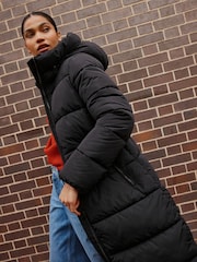 Black Shower Resistant Hooded Long Padded Puffer Coat - Image 4 of 7