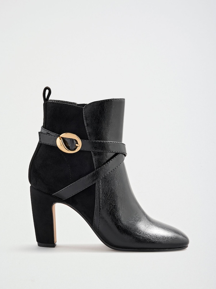Lipsy Black Faux Leather Gold Buckle Curved Block Heel Ankle Boots - Image 1 of 5 Lipsy Black Faux Leather Gold Buckle Curved Block Heel Ankle Boots - Image 1 of 5