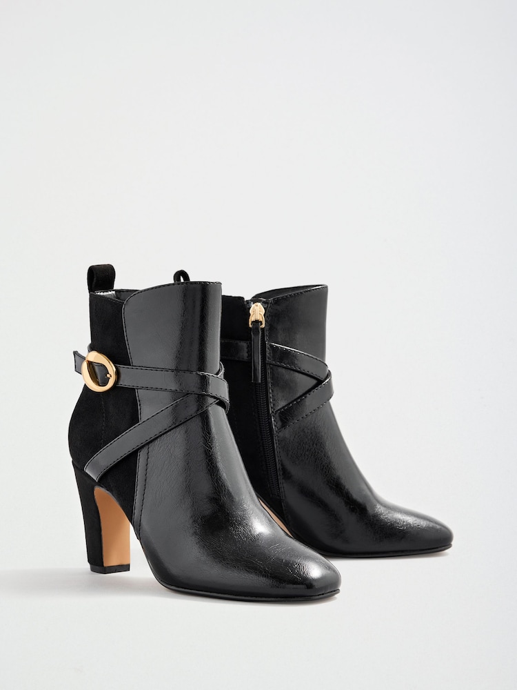 Lipsy Black Faux Leather Gold Buckle Curved Block Heel Ankle Boots - Image 2 of 5 Lipsy Black Faux Leather Gold Buckle Curved Block Heel Ankle Boots - Image 2 of 5