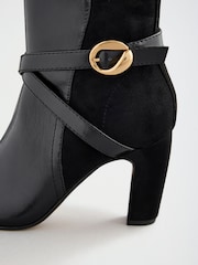 Lipsy Black Faux Leather Gold Buckle Curved Block Heel Ankle Boots - Image 3 of 5