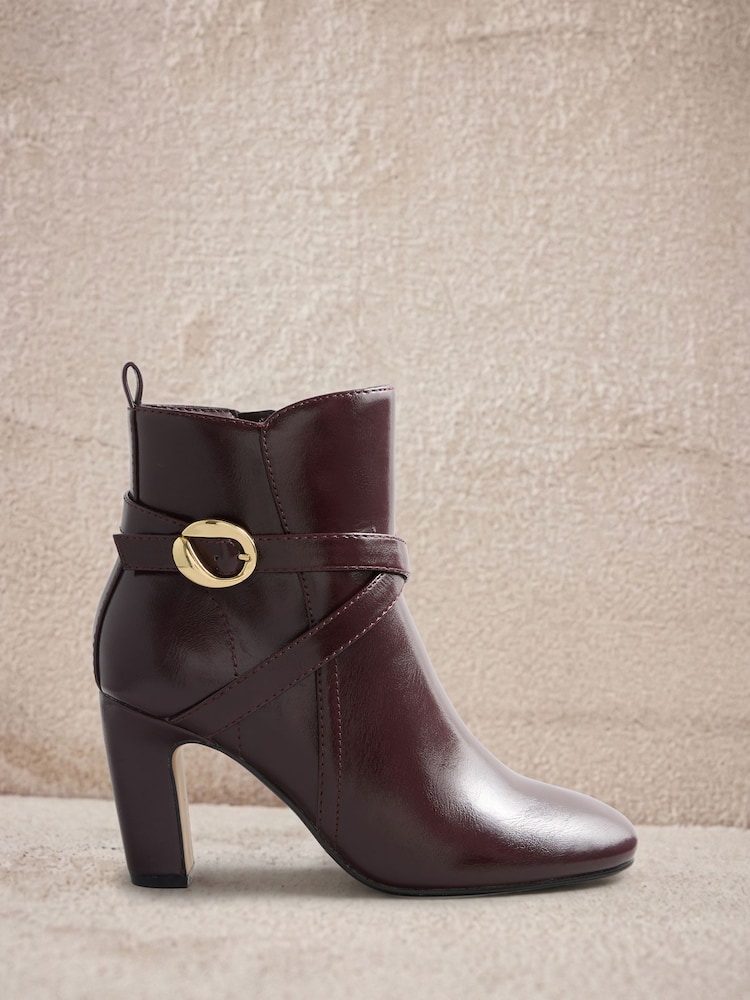 Lipsy Burgundy Faux Leather Gold Buckle Curved Block Heel Ankle Boots - Image 1 of 8