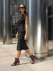 Lipsy Burgundy Faux Leather Gold Buckle Curved Block Heel Ankle Boots - Image 3 of 8