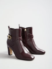Lipsy Burgundy Faux Leather Gold Buckle Curved Block Heel Ankle Boots - Image 5 of 8