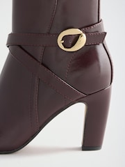 Lipsy Burgundy Faux Leather Gold Buckle Curved Block Heel Ankle Boots - Image 6 of 8