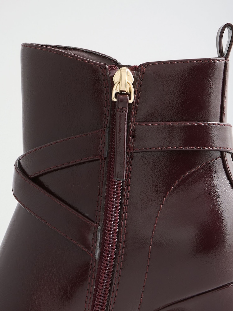 Lipsy Burgundy Faux Leather Gold Buckle Curved Block Heel Ankle Boots - Image 8 of 8