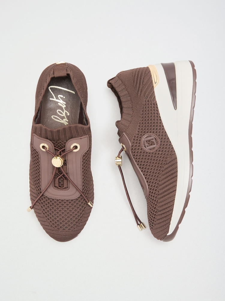 Lipsy Chocolate Brown Standard Fit Mid Wedge Knit Runner Sports Trainers - Image 1 of 5