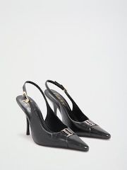 Lipsy Black Faux Leather Standard Fit Hardware Trim Detail Slingback Stiletto High Heel Court Shoe - Image 3 of 5