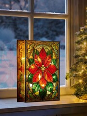 Premier Decorations Ltd 21cm BO Lit Poinsettia Stained Glass Table Top - Image 1 of 3