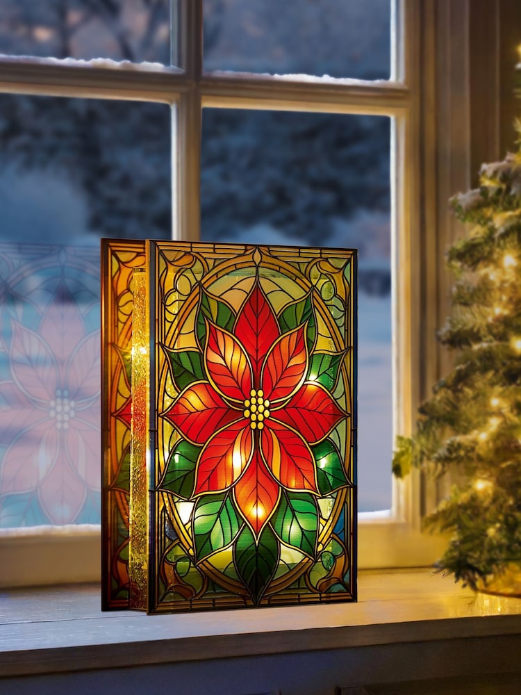 Premier Decorations Ltd 21cm BO Lit Poinsettia Stained Glass Table Top - Image 1 of 3