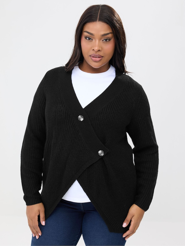 Yours Curve Black Asymmetric Button Up Cardigan - Image 1 of 5 Yours Curve Black Asymmetric Button Up Cardigan - Image 1 of 5