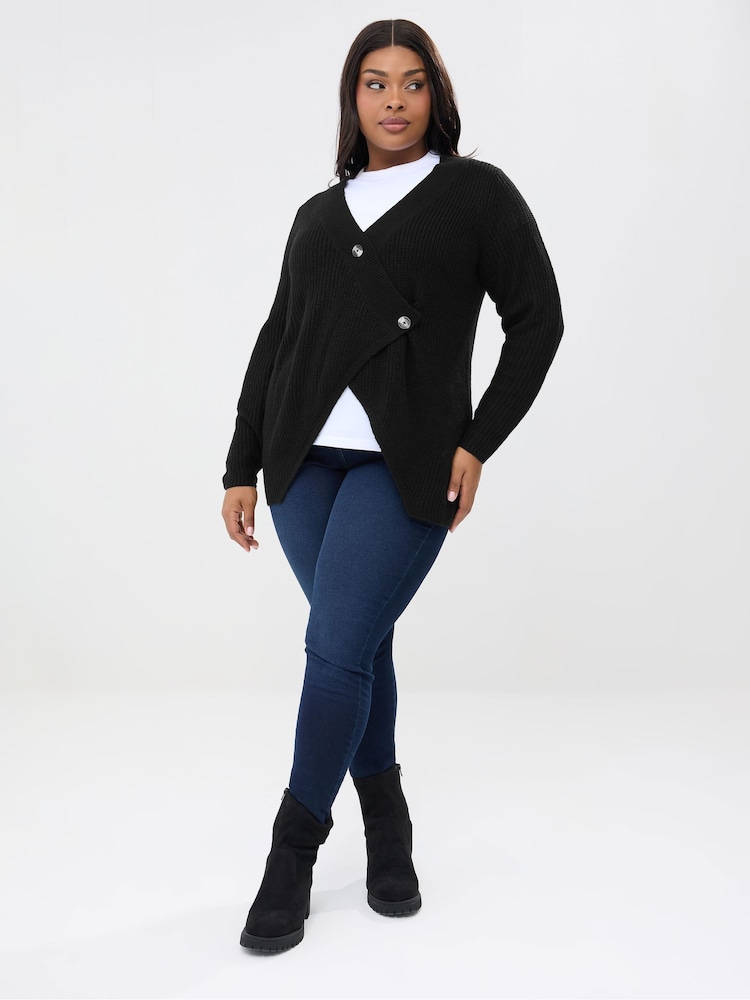 Yours Curve Black Asymmetric Button Up Cardigan - Image 2 of 5 Yours Curve Black Asymmetric Button Up Cardigan - Image 2 of 5