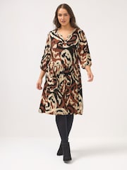 Yours Curve Brown Abstract Notch Neck Dress - Image 1 of 5