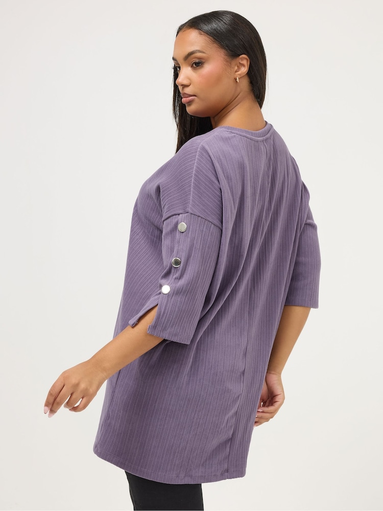 Yours Curve Purple Ribbed Button Detail Top - Image 2 of 5 Yours Curve Purple Ribbed Button Detail Top - Image 2 of 5