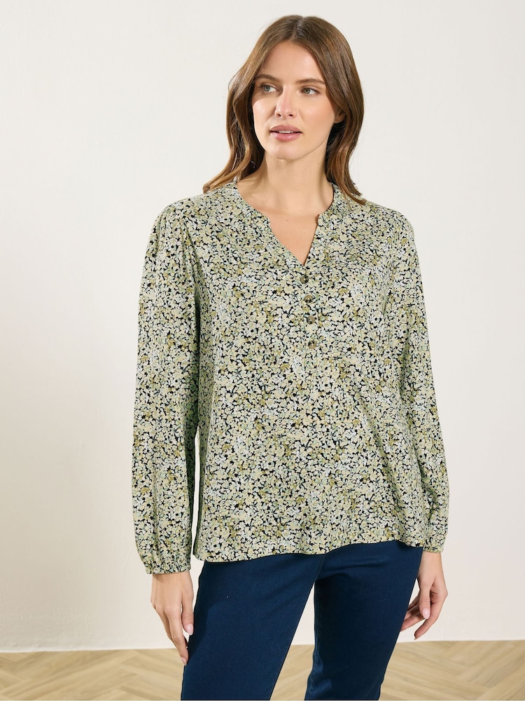 M&Co Green Half Placket Long Sleeve Printed Jersey Blouse - Image 1 of 5 M&Co Green Half Placket Long Sleeve Printed Jersey Blouse - Image 1 of 5