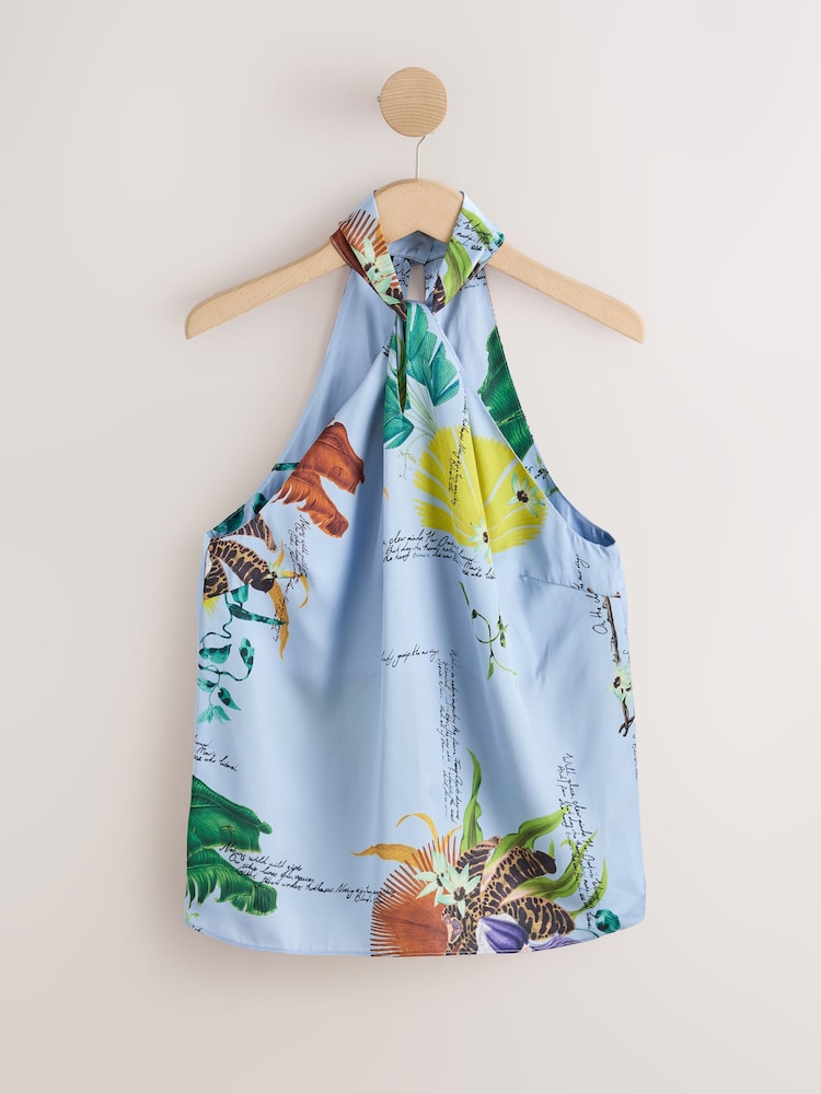 Blue Floral Print Kew Collection Botanical Satin Halter Top - Image 1 of 3