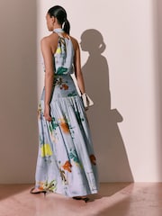 Blue Floral Print Kew Collection Botanical Satin Halter Top - Image 4 of 8