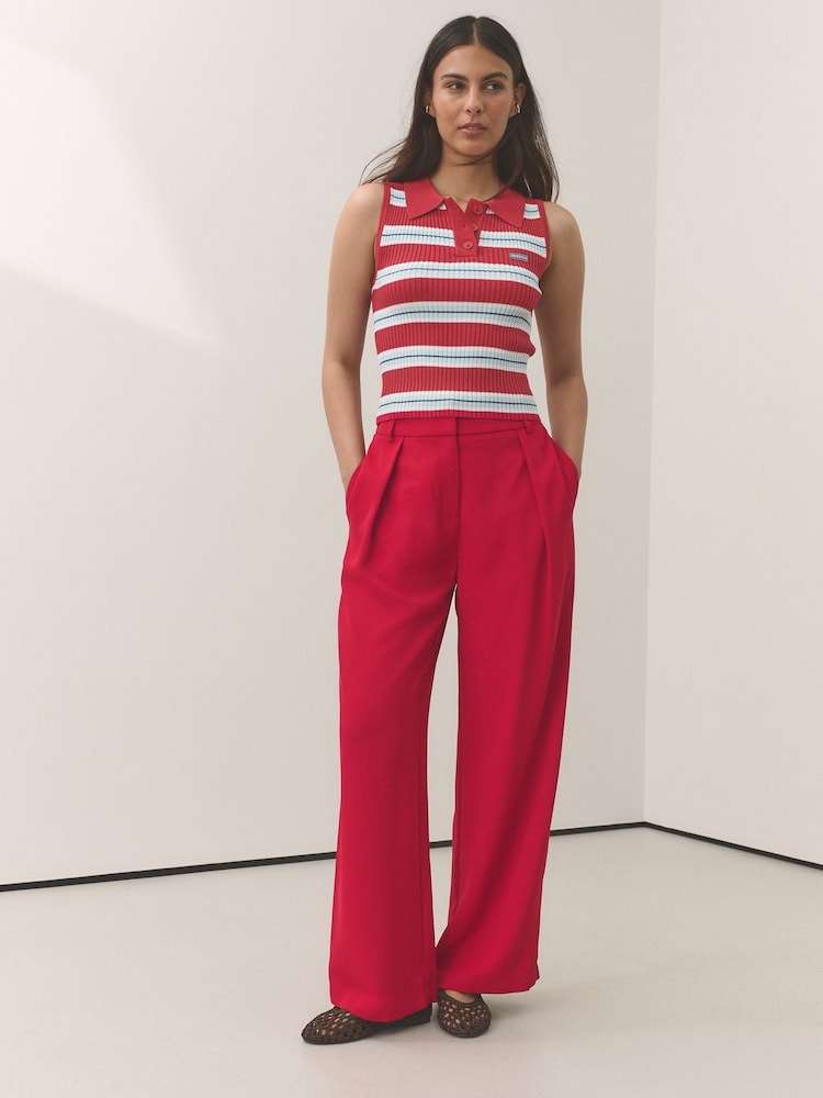 Red Elastic Back Wide Leg Trousers - Image 1 of 6 Red Elastic Back Wide Leg Trousers - Image 1 of 6