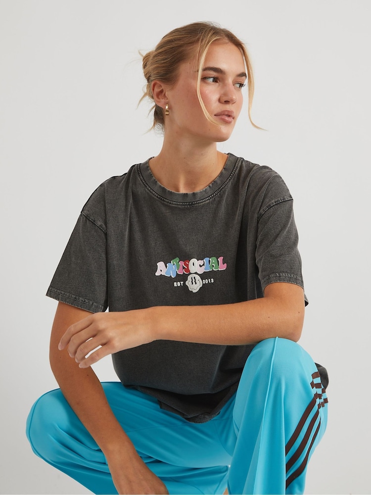 Skinnydip Grey Antisocial Acid Wash T-Shirt - Image 1 of 5