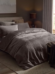 Dark Natural Plush Faux Fur Duvet Cover and Pillowcase Set - Image 1 of 5