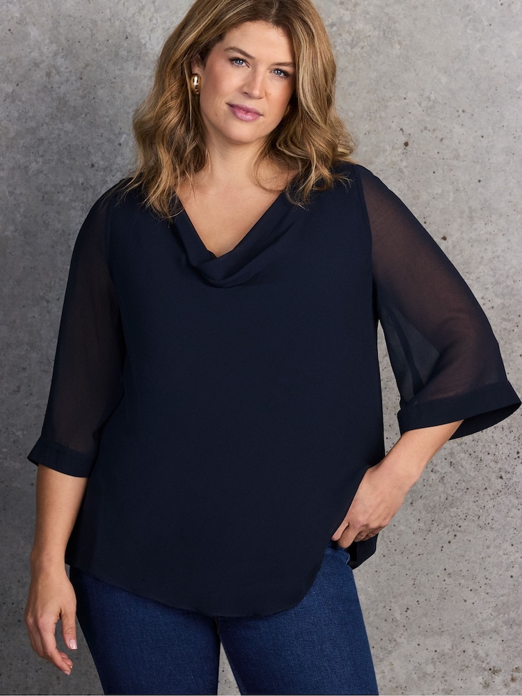 Live Unlimited Blue Navy Cowl Neck Overlay Tunic - Image 2 of 6