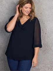 Live Unlimited Blue Navy Cowl Neck Overlay Tunic - Image 3 of 6