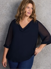Live Unlimited Blue Navy Cowl Neck Overlay Tunic - Image 4 of 6