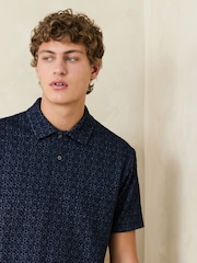 Navy Blue Short Sleeve Jacquard Pattern Polo Shirt - Image 1 of 4