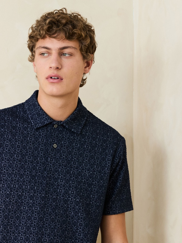 Navy Blue Short Sleeve Jacquard Pattern Polo Shirt - Image 1 of 4