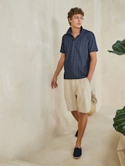 Navy Blue Short Sleeve Jacquard Pattern Polo Shirt - Image 2 of 4
