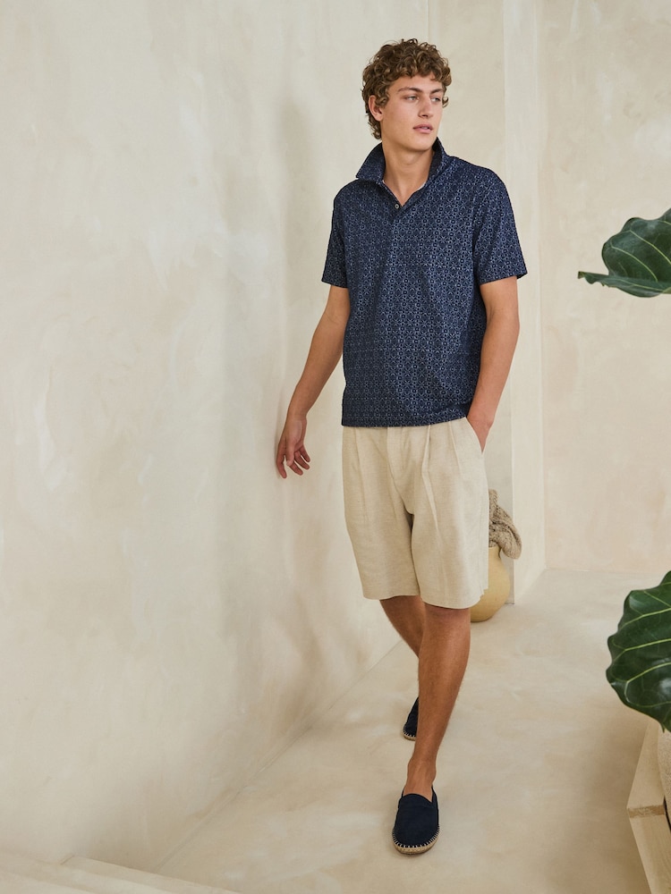 Navy Blue Short Sleeve Jacquard Pattern Polo Shirt - Image 2 of 4
