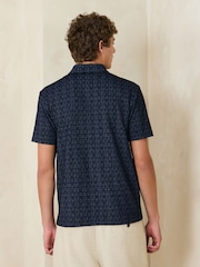 Navy Blue Short Sleeve Jacquard Pattern Polo Shirt - Image 3 of 4
