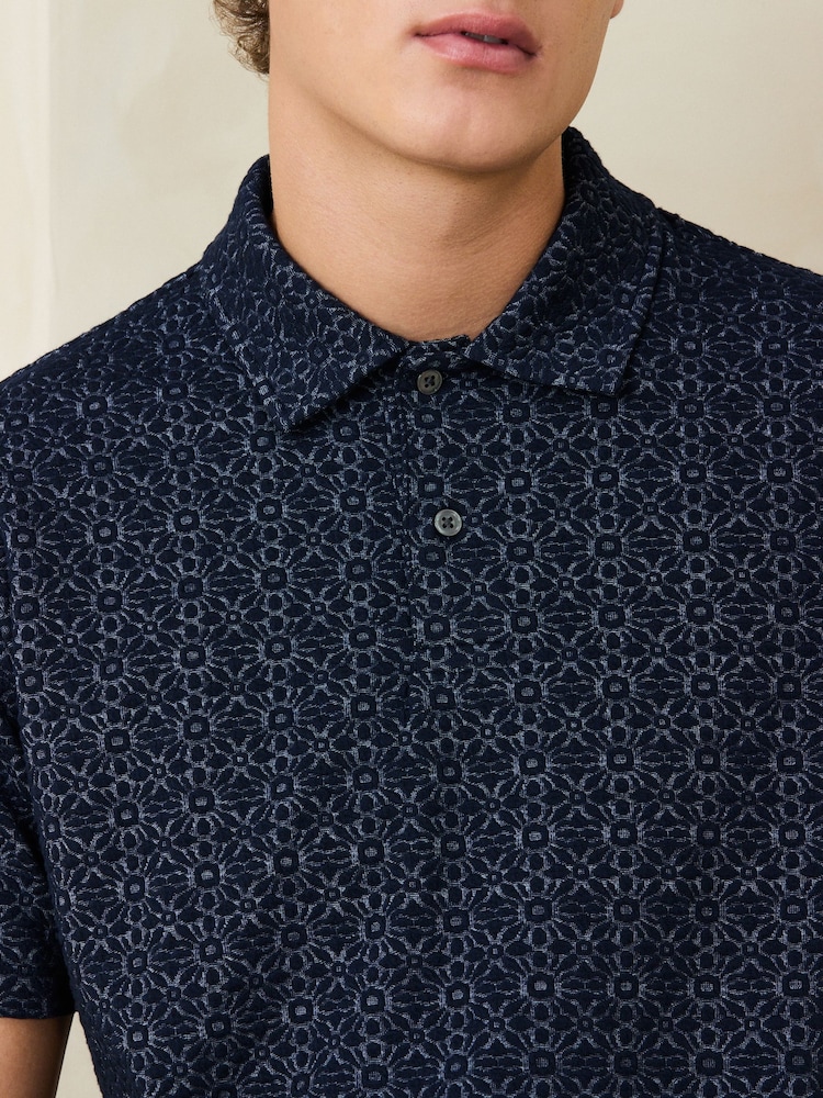 Navy Blue Short Sleeve Jacquard Pattern Polo Shirt - Image 4 of 4