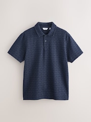 Navy Blue Short Sleeve Jacquard Pattern Polo Shirt - Image 5 of 7