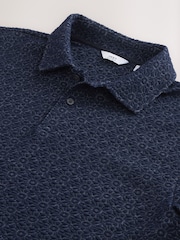 Navy Blue Short Sleeve Jacquard Pattern Polo Shirt - Image 6 of 7