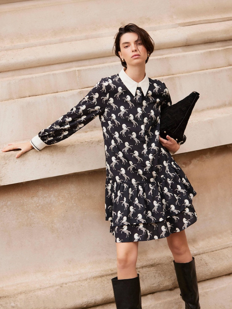 Mint Velvet Black Horse Print Mini Shirt Dress - Image 2 of 8 Mint Velvet Black Horse Print Mini Shirt Dress - Image 2 of 8