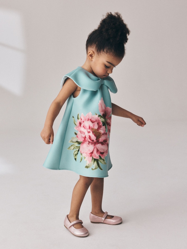 Green Sleeveless Diamante Scuba Collar Dress (3mths-7yrs) - Image 1 of 4