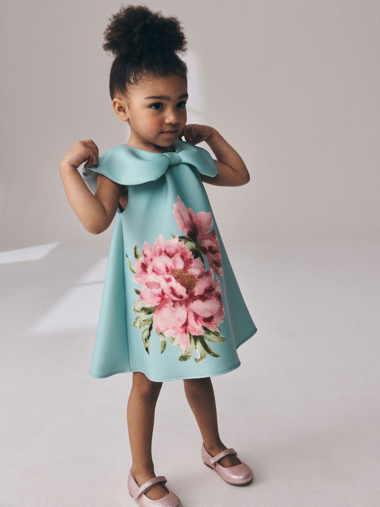 Green Sleeveless Diamante Scuba Collar Dress (3mths-7yrs) - Image 2 of 4