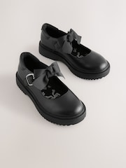 Black Matt Standard Fit (F) Leather Bow Chunky Mary Jane School Shoes - Image 1 of 5