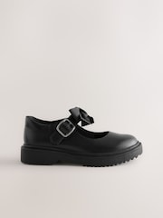 Black Matt Standard Fit (F) Leather Bow Chunky Mary Jane School Shoes - Image 2 of 5