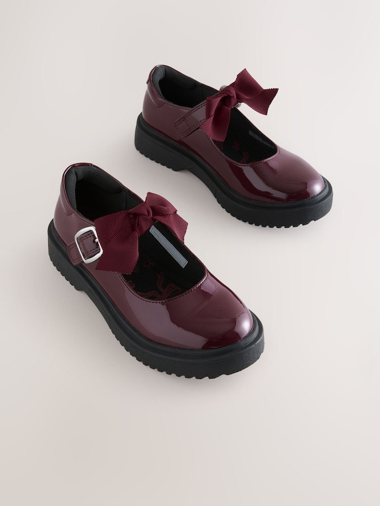 Burgundy Red Standard Fit (F) Bow Chunky Mary Jane School Shoes - Image 1 of 5