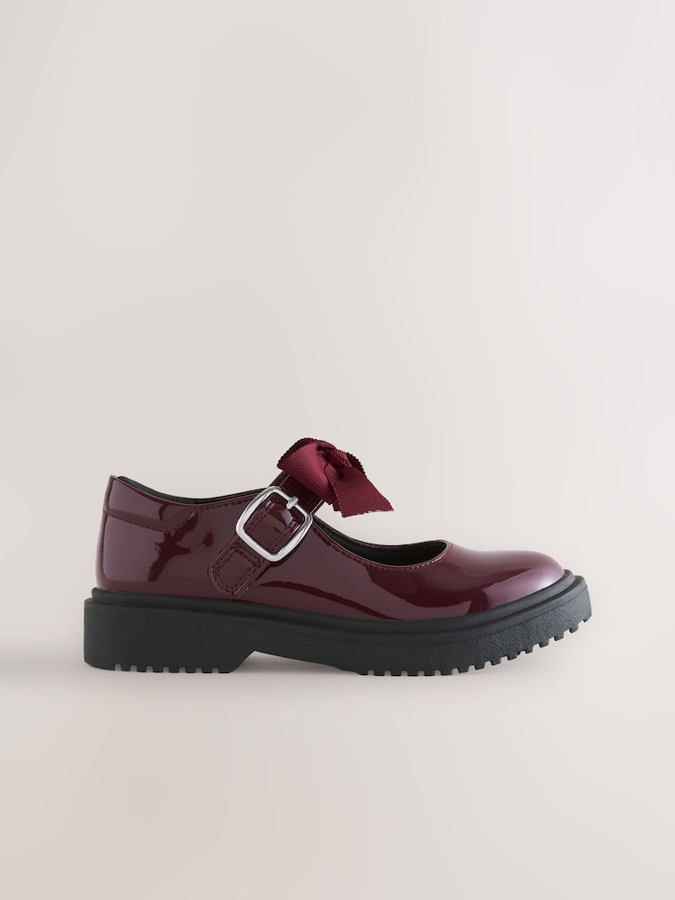 Burgundy Red Standard Fit (F) Bow Chunky Mary Jane School Shoes - Image 2 of 5