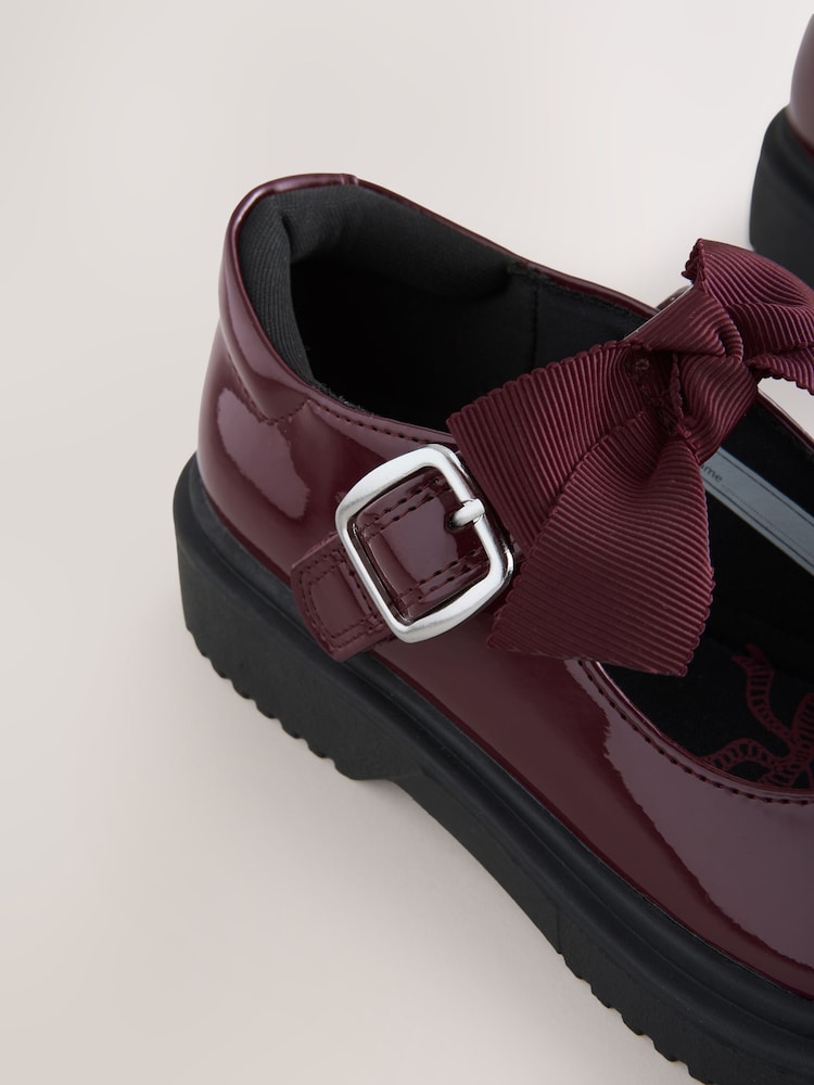 Burgundy Red Standard Fit (F) Bow Chunky Mary Jane School Shoes - Image 5 of 5