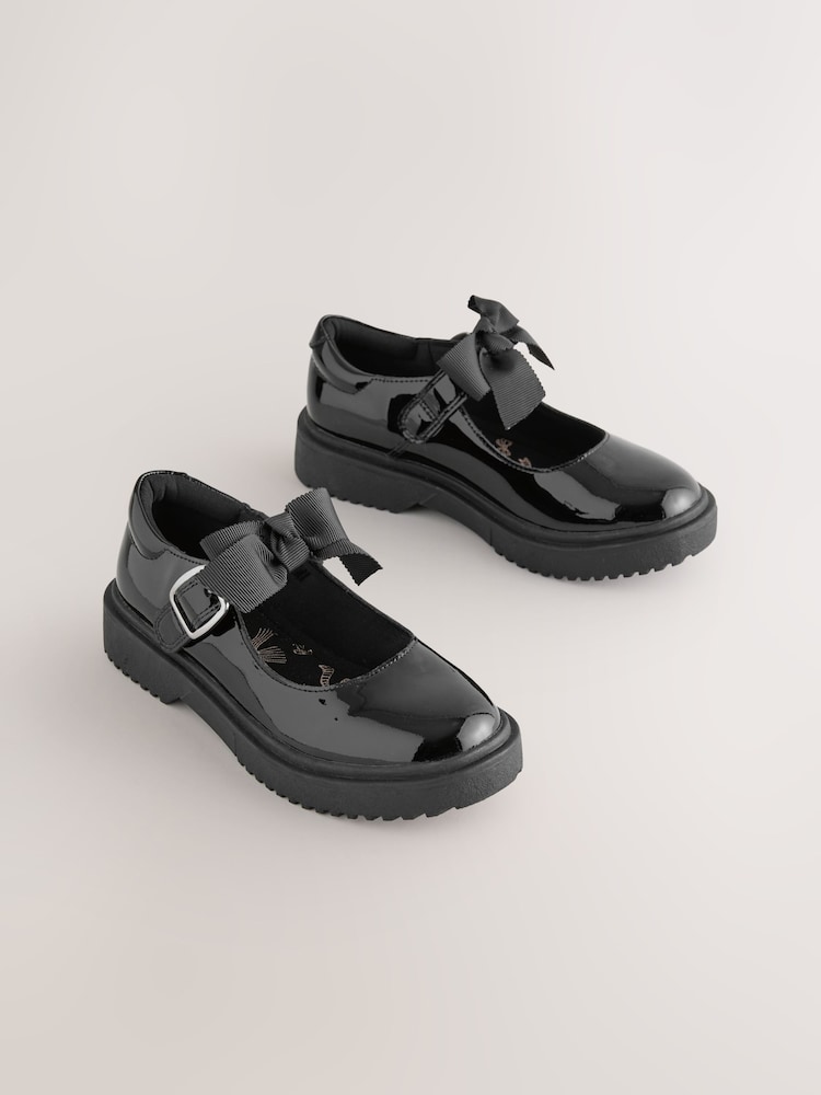 Black Patent Standard Fit (F) Leather Bow Chunky Mary Jane School Shoes - Image 1 of 7 Black Patent Standard Fit (F) Leather Bow Chunky Mary Jane School Shoes - Image 1 of 7