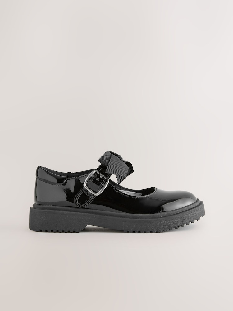 Black Patent Standard Fit (F) Leather Bow Chunky Mary Jane School Shoes - Image 2 of 7 Black Patent Standard Fit (F) Leather Bow Chunky Mary Jane School Shoes - Image 2 of 7