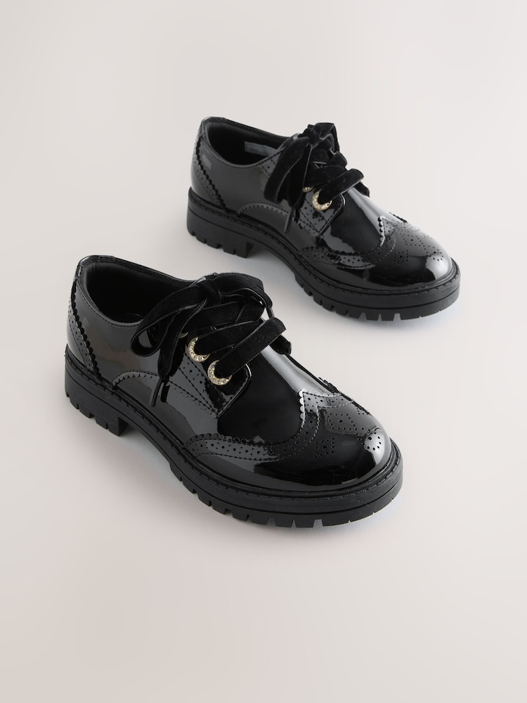 Black Patent Brogue Chunky Lace Up School Shoes - Image 1 of 6 Black Patent Brogue Chunky Lace Up School Shoes - Image 1 of 6