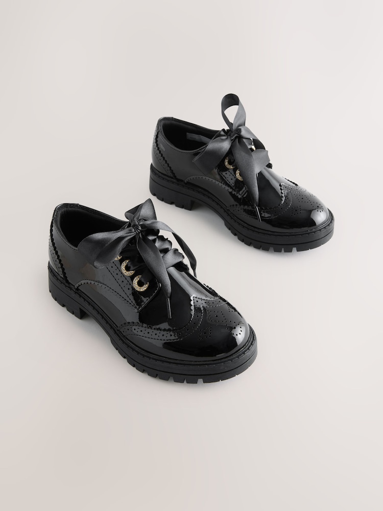 Black Patent Brogue Chunky Lace Up School Shoes - Image 2 of 6 Black Patent Brogue Chunky Lace Up School Shoes - Image 2 of 6