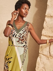 Love & Roses Khaki Green Leopard Placement Print Petite V-Neck Jersey Midi Dress - Image 2 of 4