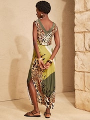 Love & Roses Khaki Green Leopard Placement Print Petite V-Neck Jersey Midi Dress - Image 4 of 4