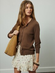 Chocolate Brown Soft Touch Cotton Rich Crew Neck Cardigan - Image 1 of 7